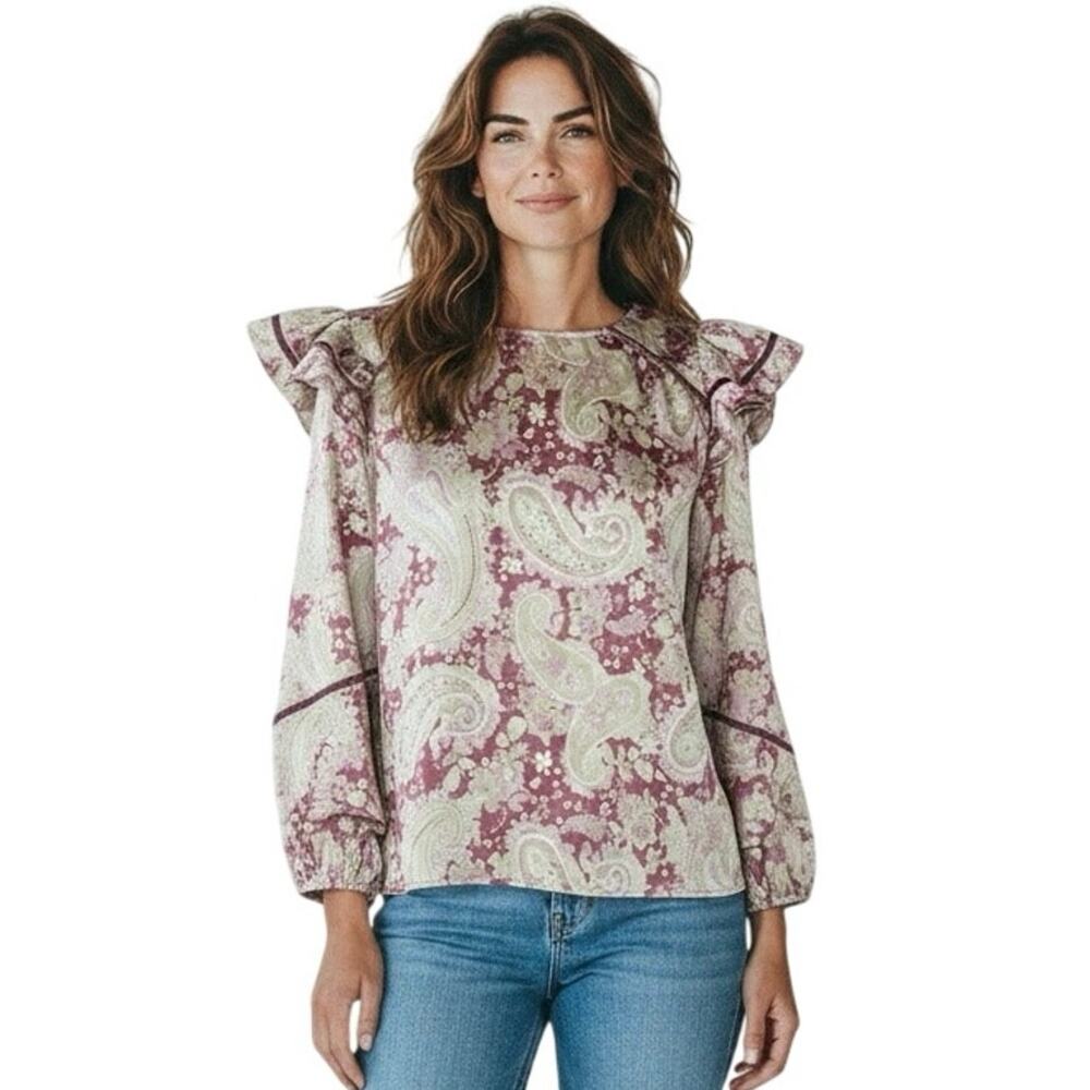 FATE Women’s Boho Pink Mixed Floral Paisley Ruffle Shoulder Top